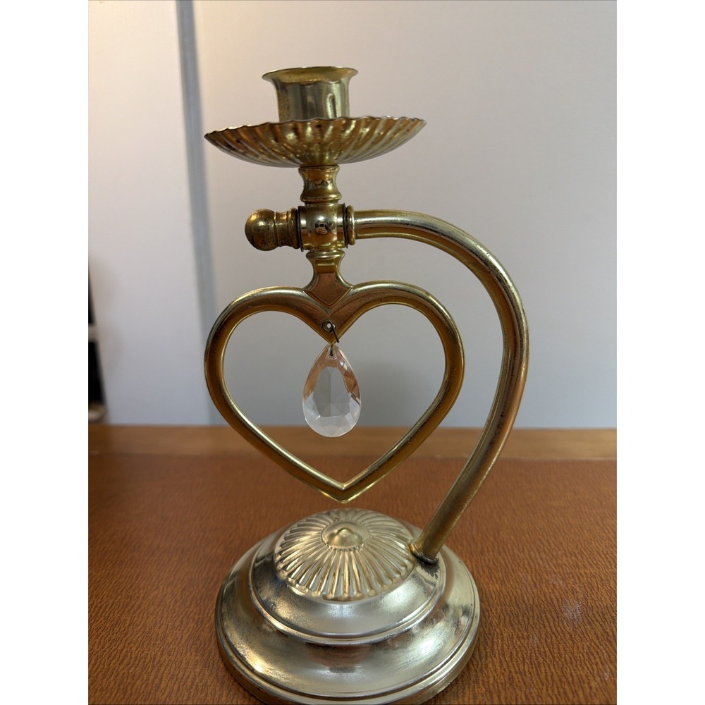Vintage Brass Candle Holder Free Stand Or Wall Mounted Crystal Pendant 8" 1970's